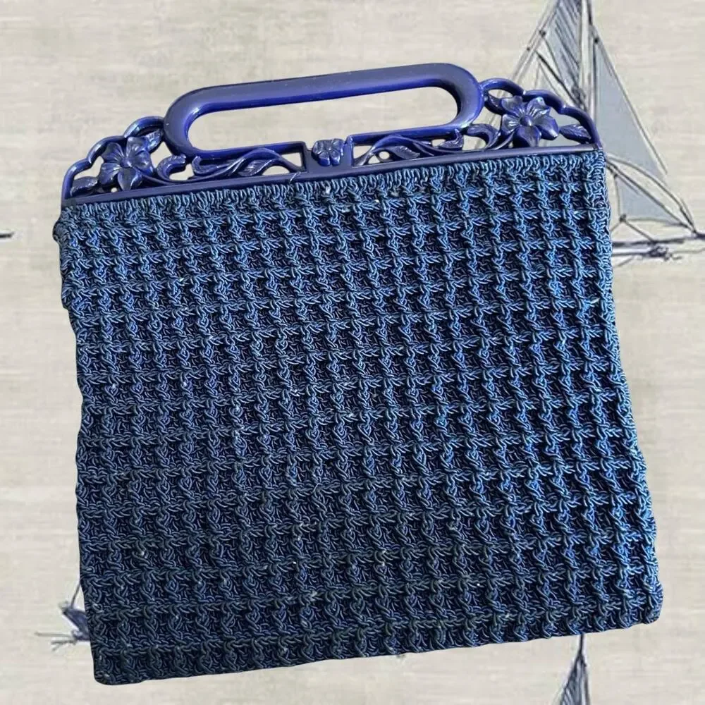 Vintage Blue Crochet Handbag with Floral Frame – Mid Century Top Handle Purse